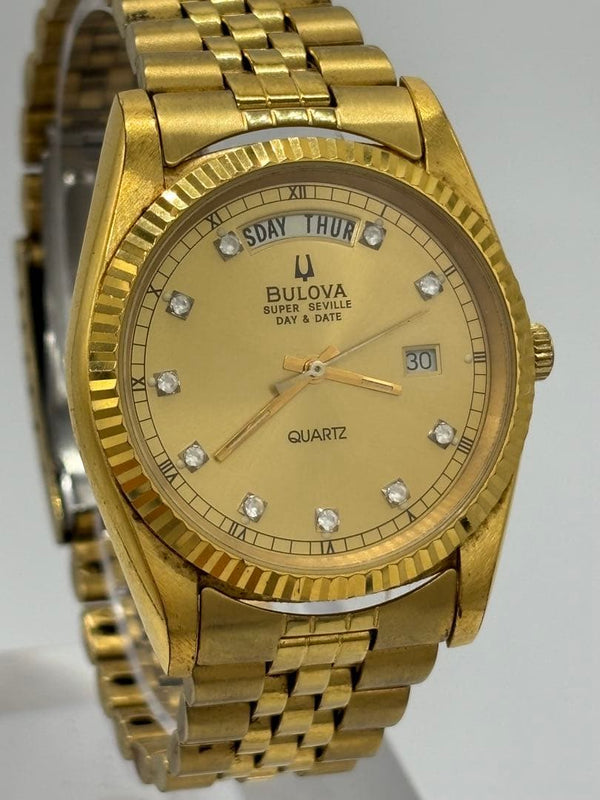 Bulova Super Seville 1991 Day Date 8984101 Quartz Gold 10P 35mm Mens Watch