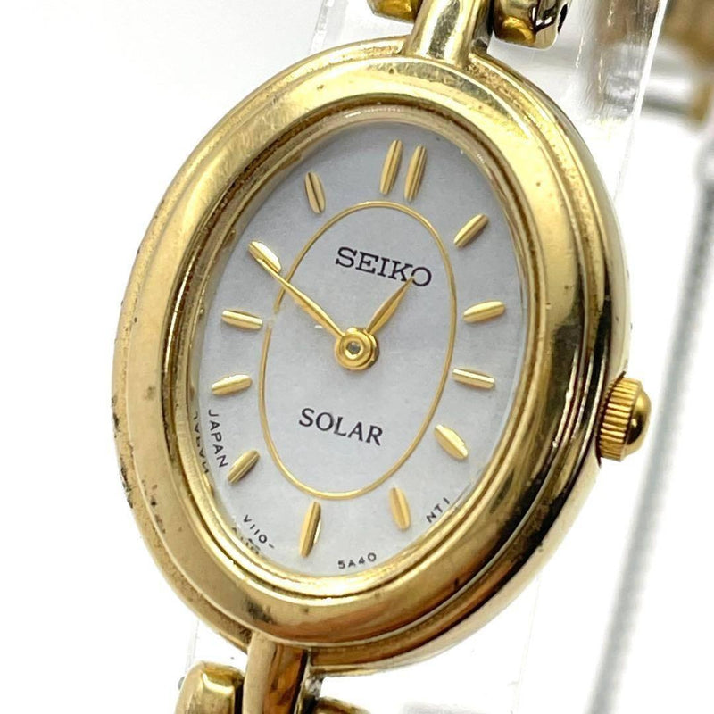 SEIKO Solar Ladies Watch Gold Tone White Dial Bezel 18x23mm 15cm Band