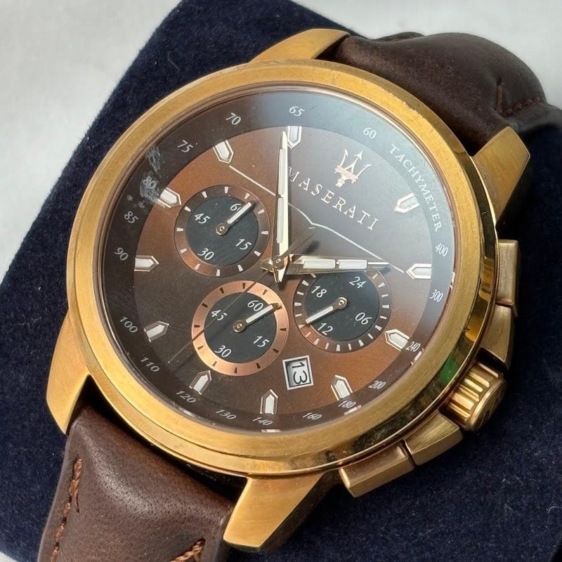 MASERATI Quartz Chronograph Analog Leather Strap Watch SS 44mm Mineral Mens