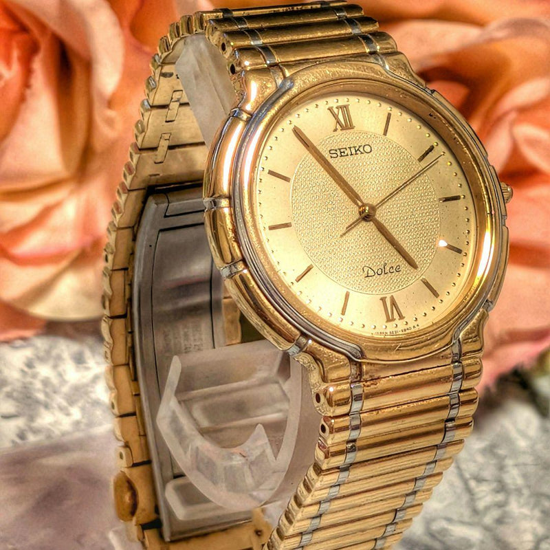 SEIKO DOLCE Mens Quartz Watch Gold Tone Thin Case Gold Dial Roman Numerals