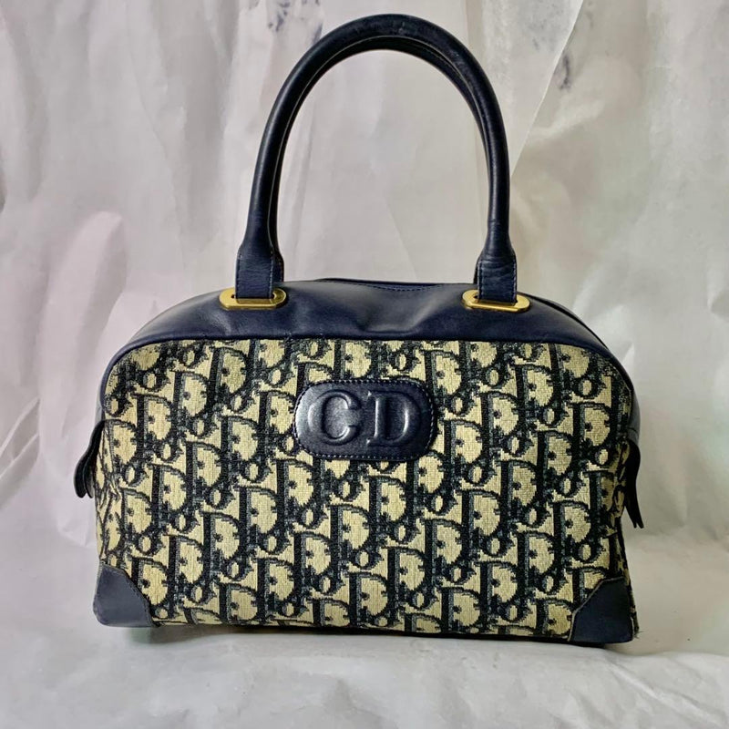 Christian Dior Trotter Boston Handbag Canvas Leather Navy W27cm H16cm D14cm