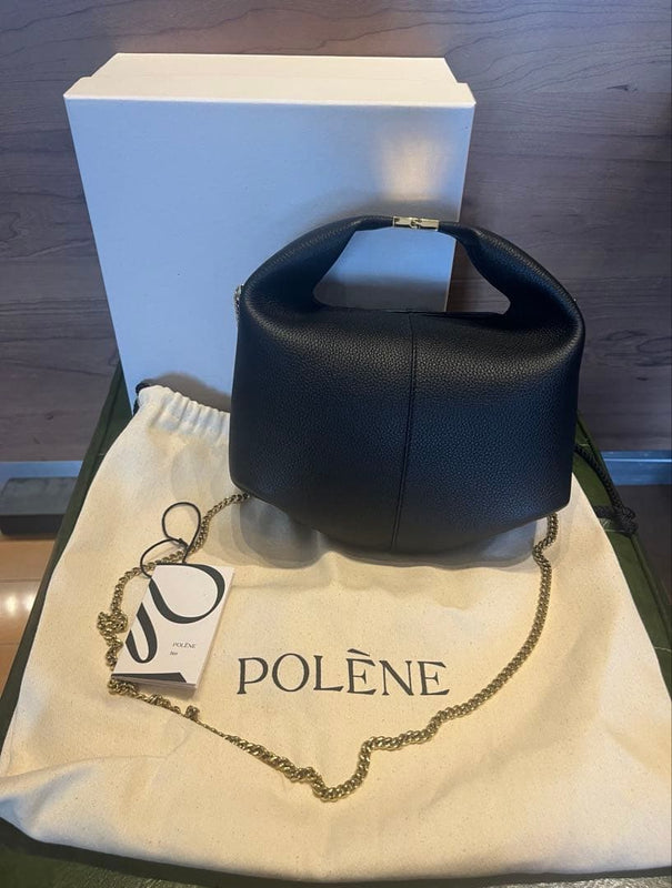 POLENE Beri Black Leather Gold Chain Bag 21x17x10cm 98cm Strap Textured Edition