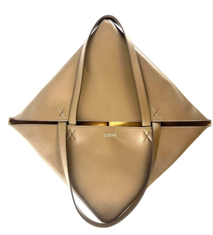 LOEWE Puzzle Fold Tote Medium Shiny Calf Leather Brown A4 15.7x13x5.7in