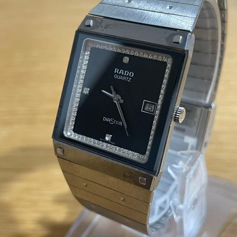 RADO DiaStar Square Quartz Watch 129.0454.3 Black 29mm Gold-Tone Date Mesh Bezel