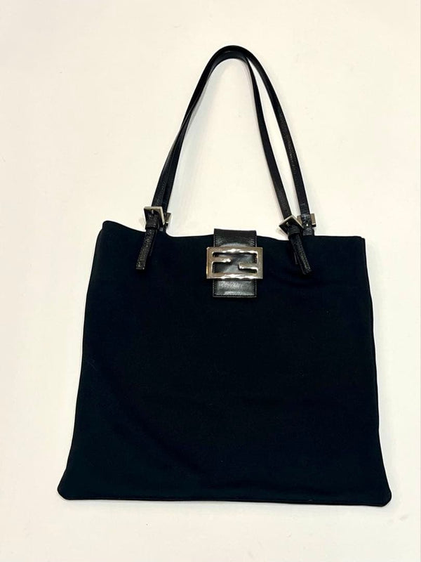 Fendi Mamma Baguette Tote Shoulder Bag FF Cotton Jersey Black 29x30cm Inner Zip