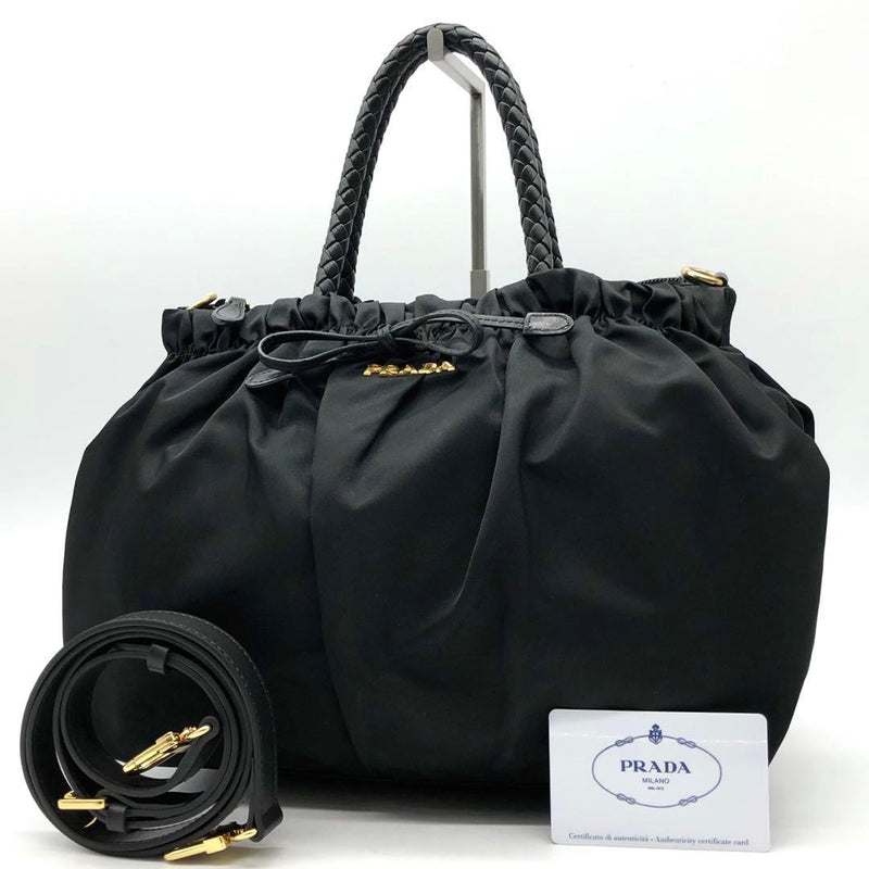 Prada Black Tessuto Nylon Leather 2-Way Handbag Gold Logo Ribbon W30cm H22cm