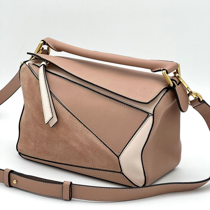 LOEWE Puzzle Bag Small Pink Leather Suede 2-Way Shoulder Handbag W24.5cm