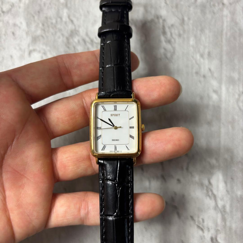 SEIKO SPIRIT Quartz Gold Tank Square 36x26mm White Roman Dial Croco Leather
