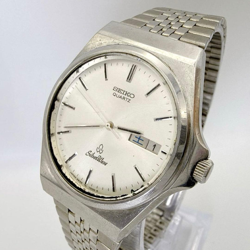 SEIKO Silver Wave 5933-7000 Mens Quartz Watch 36.6mm Silver DayDate 100m WR 80s