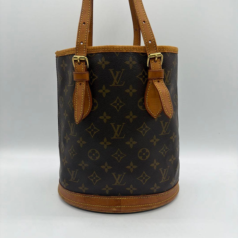 LOUIS VUITTON BUCKET PM Monogram Canvas Vachetta Leather Brown Handbag Lining