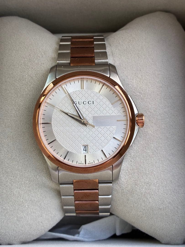 GUCCI YA126447 Mens Quartz 40mm Silver Rose Gold Tone Guilloche Dial Watch Date