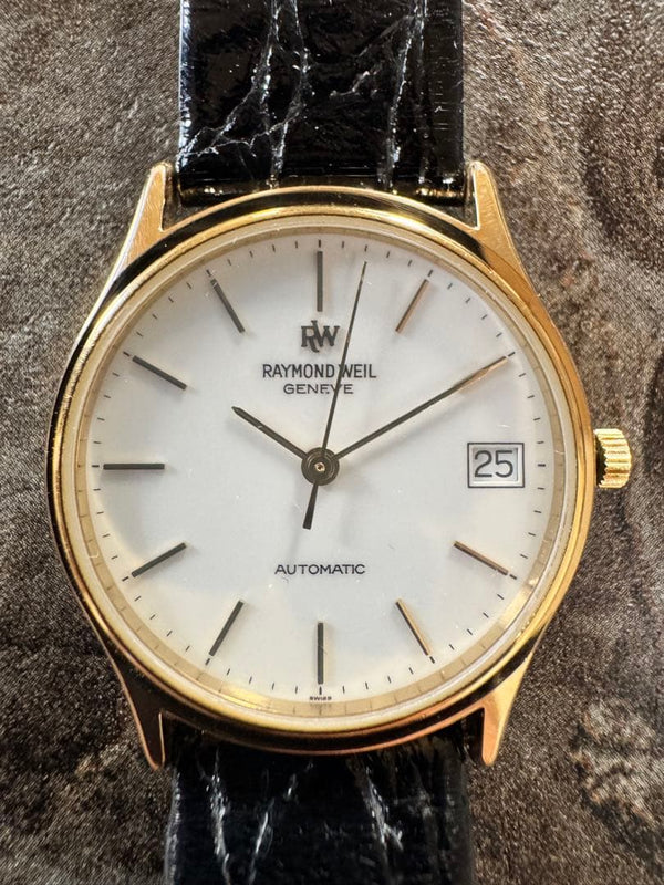 RAYMOND WEIL Automatic Watch 32mm 18K Gold Plated White Dial Black Croc Leather
