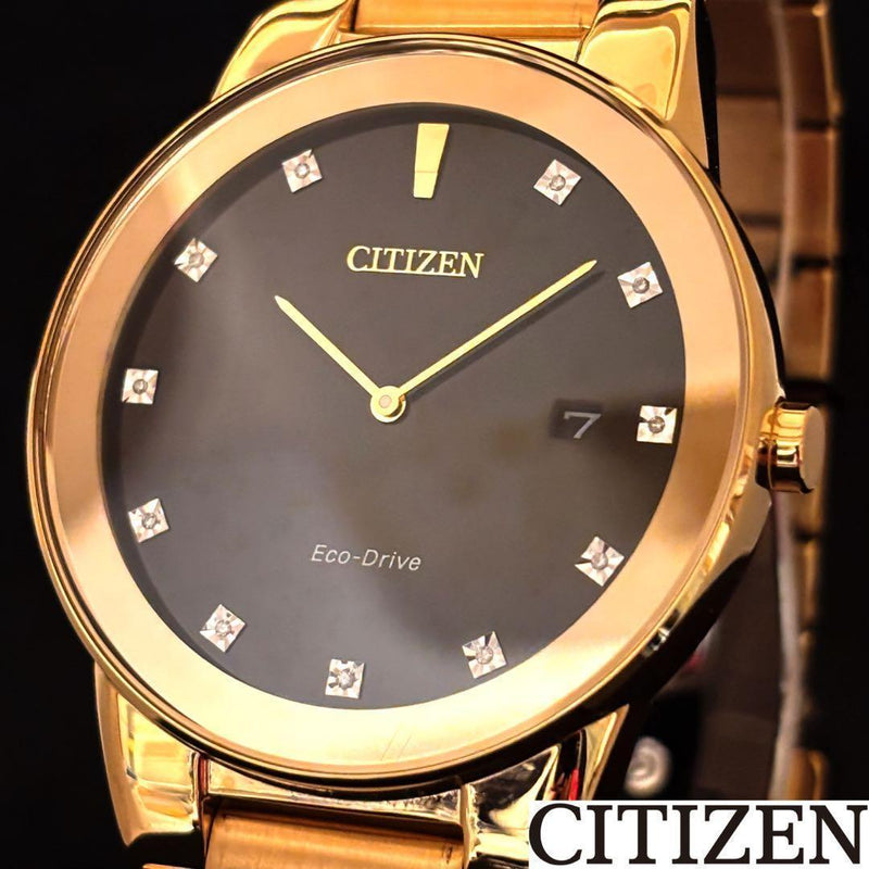CITIZEN Mens Watch Eco-Drive Solar 40mm Black Dial Gold Band Diamond 30m WR