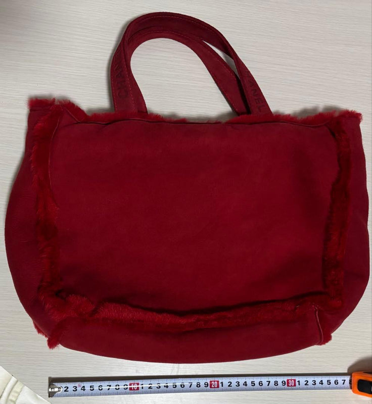 CHANEL Red Shearling Fur Logo Handle Shoulder Tote Bag Guarantee Card Included
