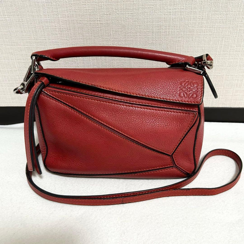 LOEWE Puzzle Bag Mini Shoulder Red Calfskin Leather 18x11x7cm Strap 120cm