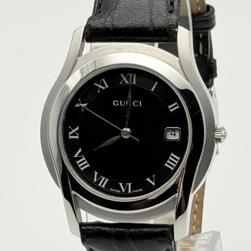 GUCCI 5500M Mens Quartz Watch 35.2mm Black Roman Dial Leather Band Date