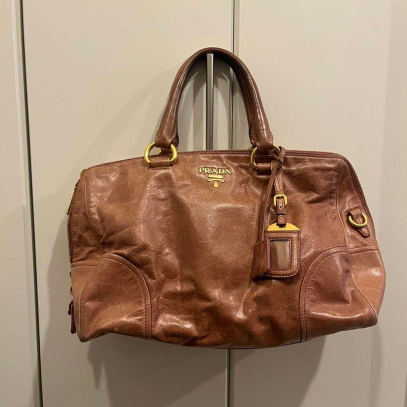 PRADA Canvas Leather Boston Bag Y2K Unisex 23cm H 34cm W 15cm D Handle 32cm