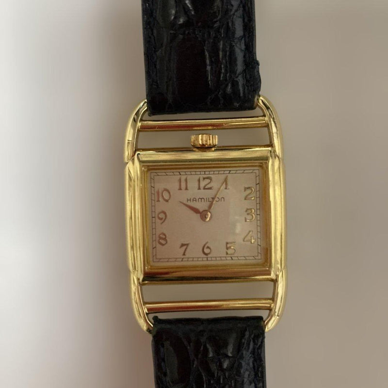 Hamilton Contour Quartz Driving Watch Gold Square Navy Embossed Leather Arabic