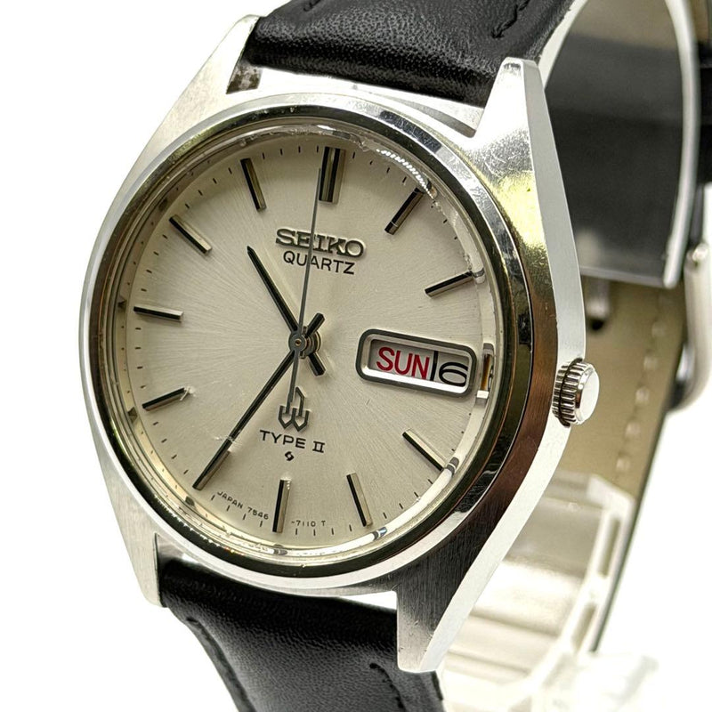 SEIKO 70s Type II Quartz Stainless Steel Silver Leather Band New Battery Watch