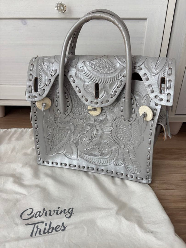 Carving Tribes Grace Continental All Over Hand-Carved Leather Handbag Silver