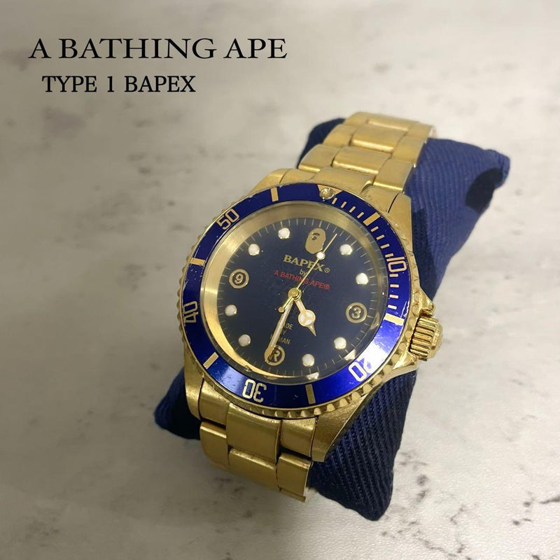 A BATHING APE TYPE 1 BAPEX Automatic Watch Gold 40mm Blue Dial Bezel Bracelet