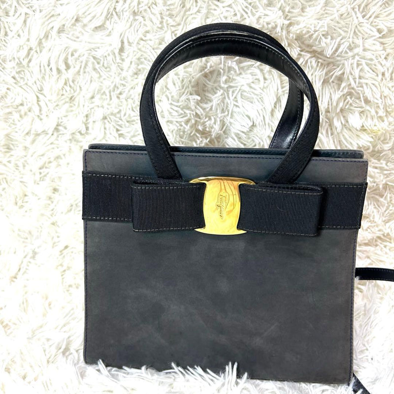 Salvatore Ferragamo Vara Ribbon Black Suede Gold Hardware 2WAY Bag H20cm W24cm