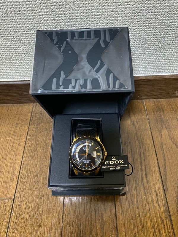 EDOX GRAND OCEAN Automatic Day-Date Watch Gold Case Black Rubber Strap