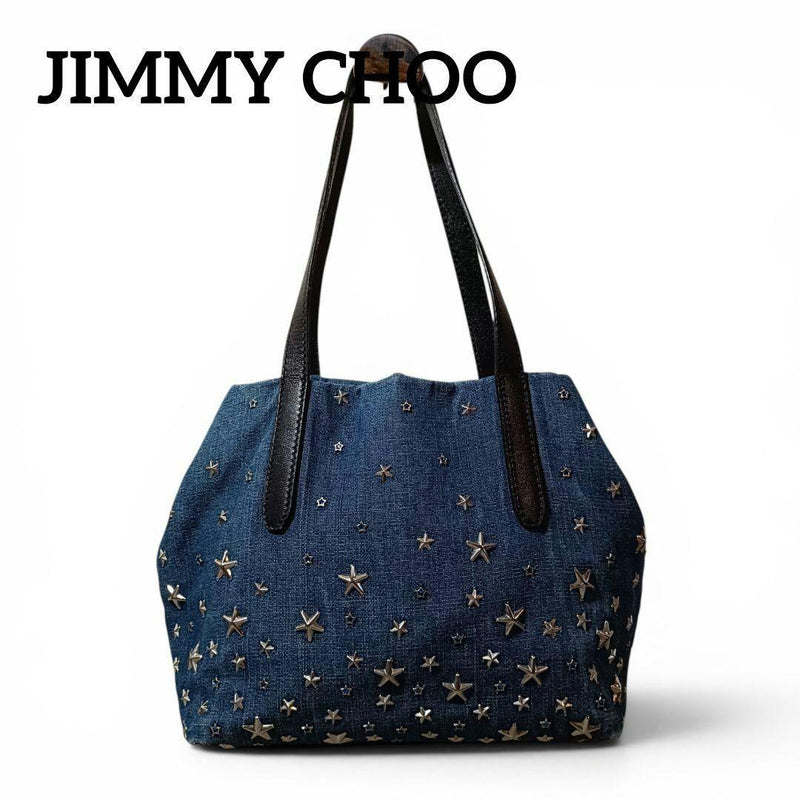 JIMMY CHOO Sasha Star Studs Tote Bag Denim Canvas Light Blue H20cm W25cm D13cm
