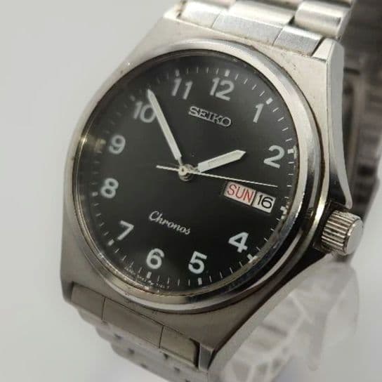 Seiko Chronos 5H23-7080 Quartz Day-Date Stainless Steel Silver Black Watch