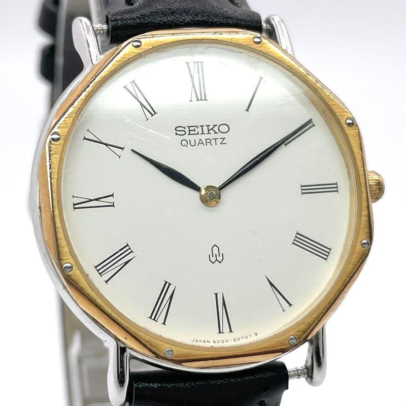SEIKO 6020-6040 Quartz Octagon Watch 30.7mm SS White Dial Gold Silver