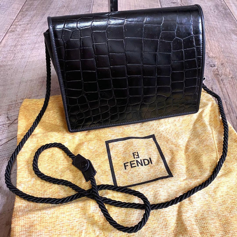 Fendi Croco-Embossed 2-Way Mini Shoulder Bag Black Leather 15x17.5x5cm 66-120cm