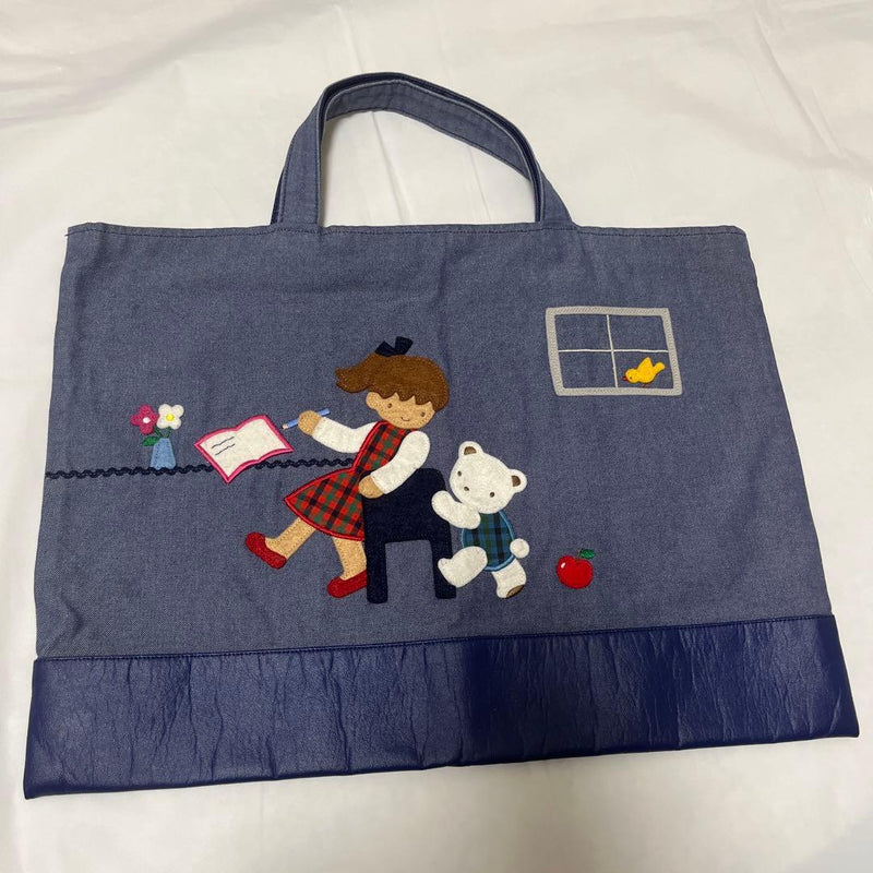 Familiar Denim Lesson Bag Girl Bear Embroidery Blue White Gingham 42x30cm Pocket