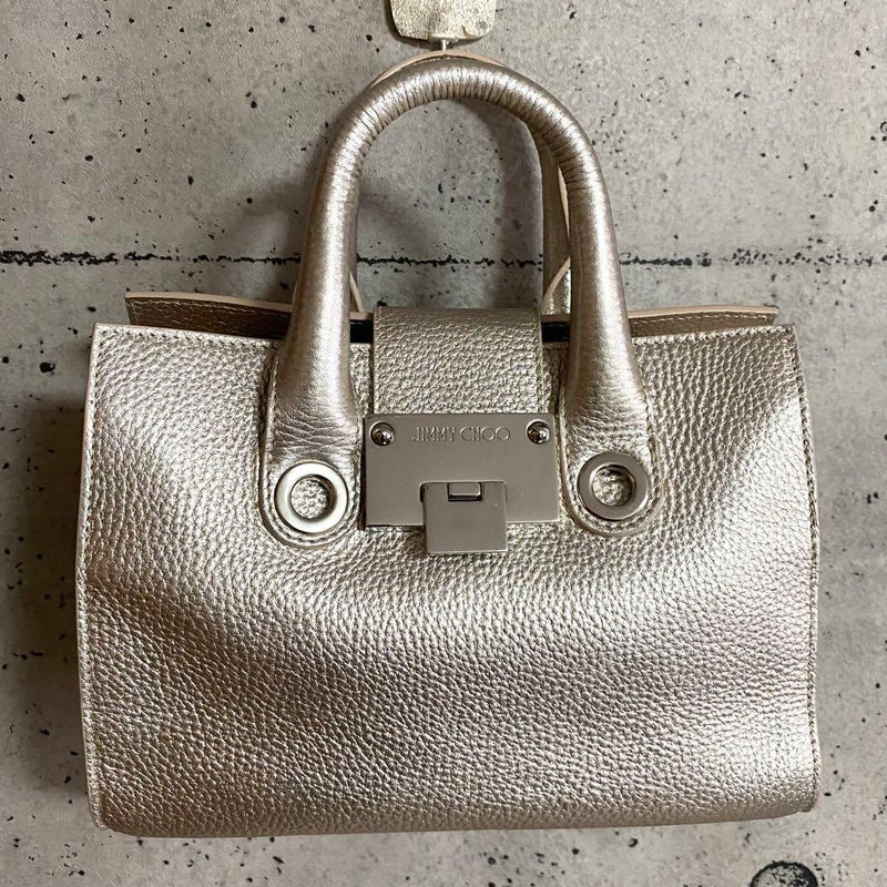 JIMMY CHOO Riley Handbag Silver Gold Leather Python Trim 2-Way Shoulder