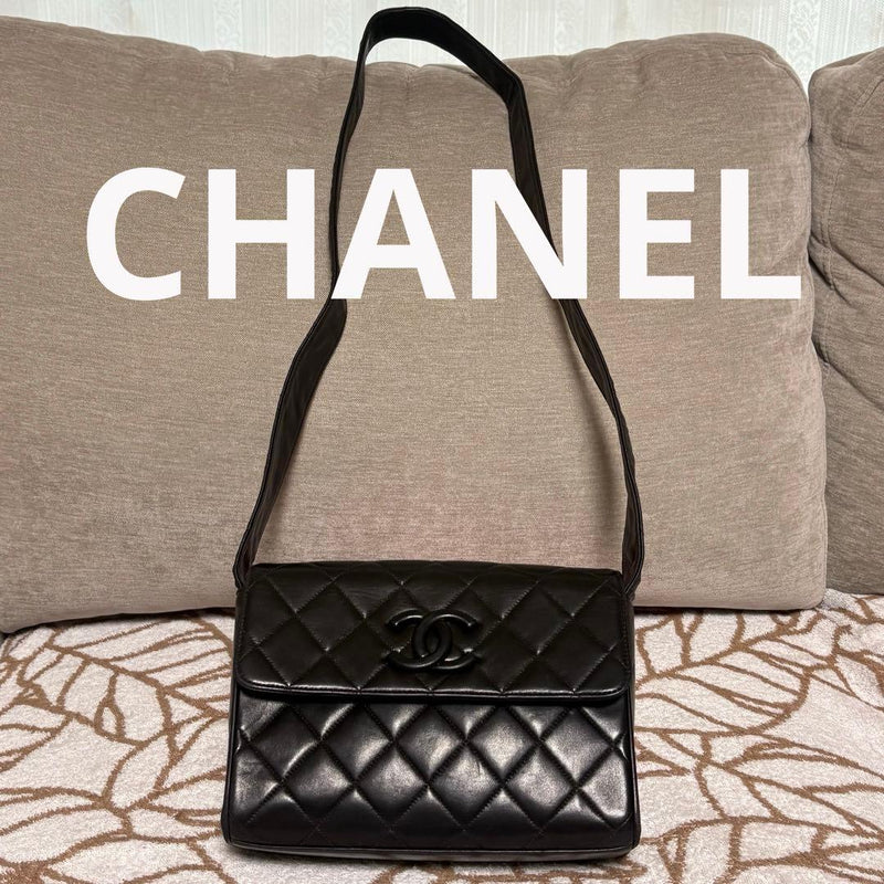Chanel Matelasse Coco Mark One Shoulder Bag Black Lambskin Gold W23 H16 D8cm