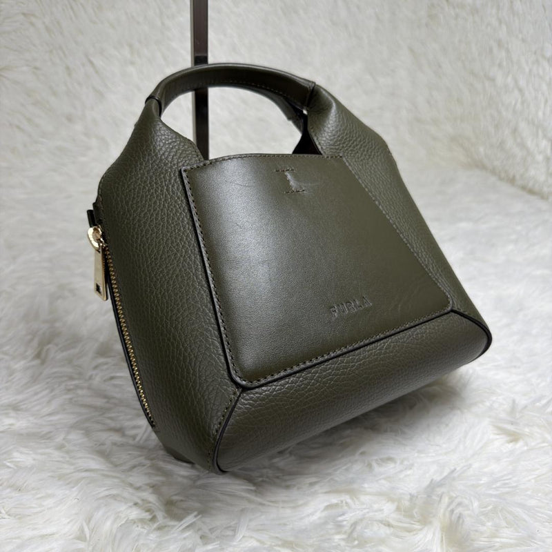 FURLA GILDA Mini Tote Khaki Cowhide Colorblock Grain Leather 2-Way 19x14.5x10cm