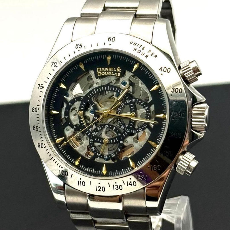 Daniel Douglas Auto Chrono Watch 45mm SS Black Dial Gold Hands Skeleton