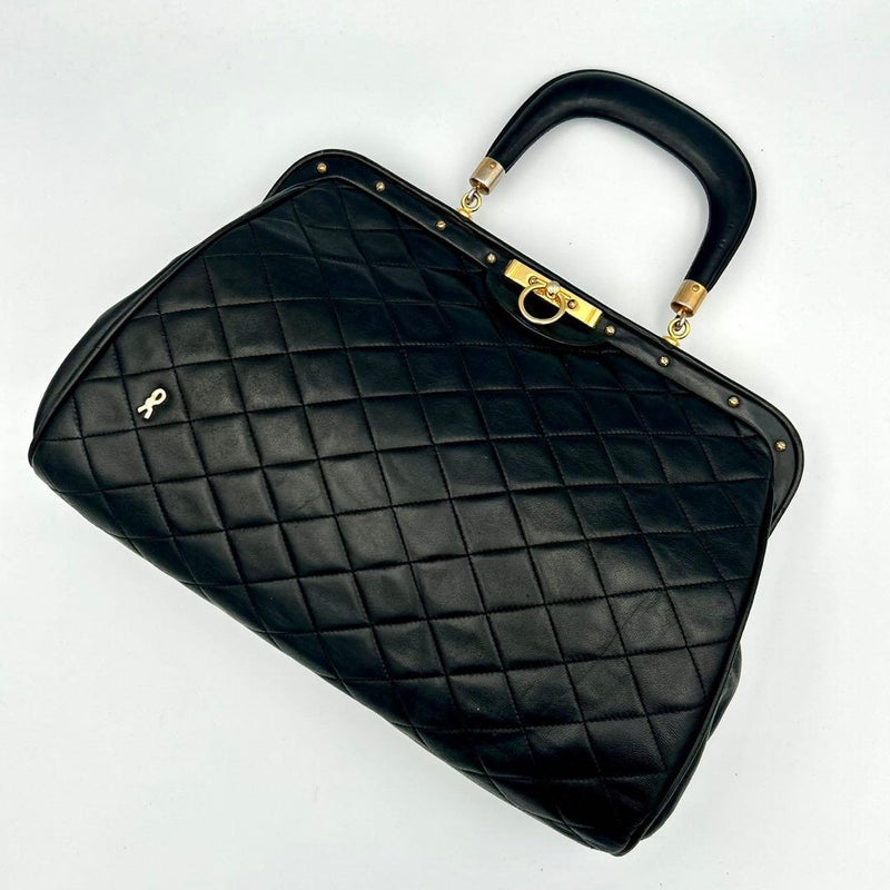 Roberta di Camerino Bagonghi Leather Handbag Black Kiss Lock 23cm H 33cm W 10cm