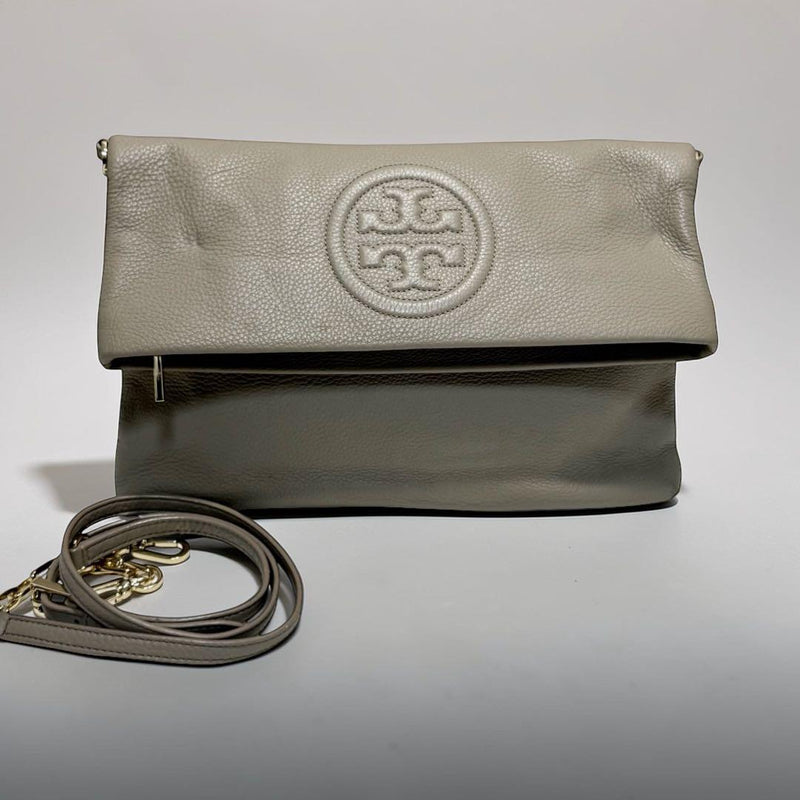 TORY BURCH A-2030 2way Shoulder Clutch Bag Greige Leather H20.5xW32cm Crossbody