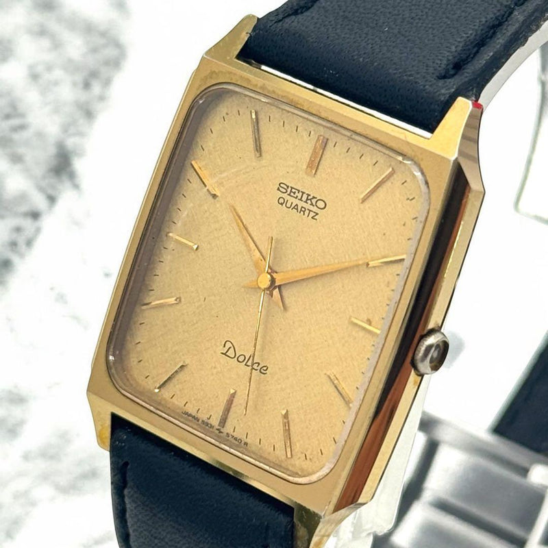 SEIKO DOLCE 5931-5550 Mens Quartz Gold Black Dial Leather Watch New Battery