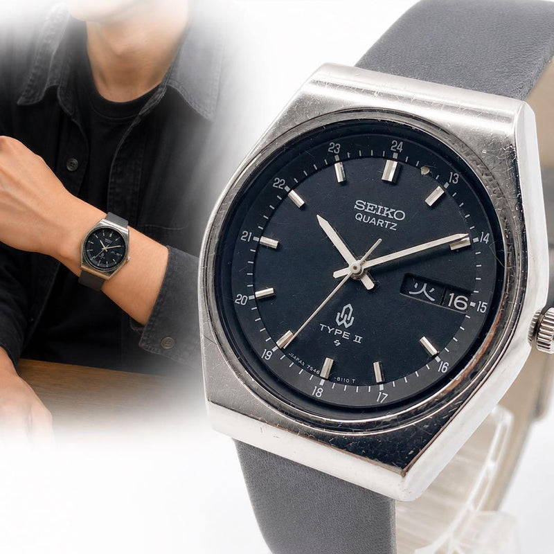 SEIKO TYPE II 7546-8090 Quartz 36.2mm Black Dial Silver Case Aftermarket Band