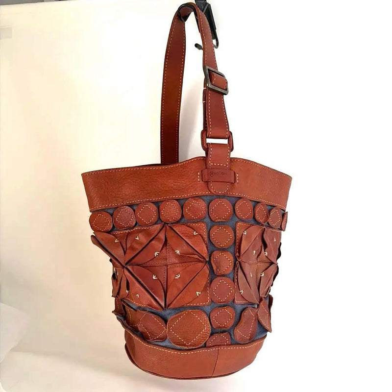 Genten Cathedral Window Leather Canvas Bucket Bag Brown Bluish Gray H27cm W32cm