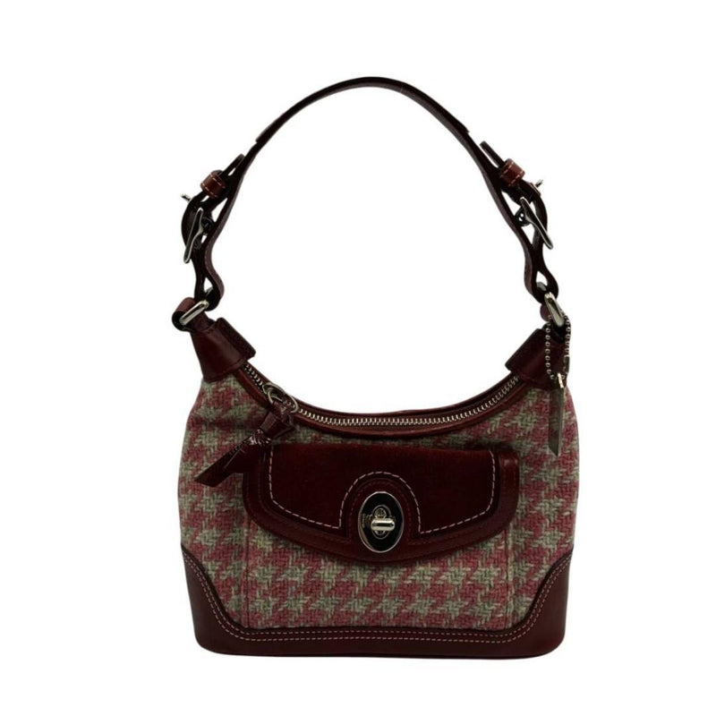 COACH 08F16 Bordeaux Red Tweed Suede Leather Turnlock Shoulder Bag W20cm H12cm