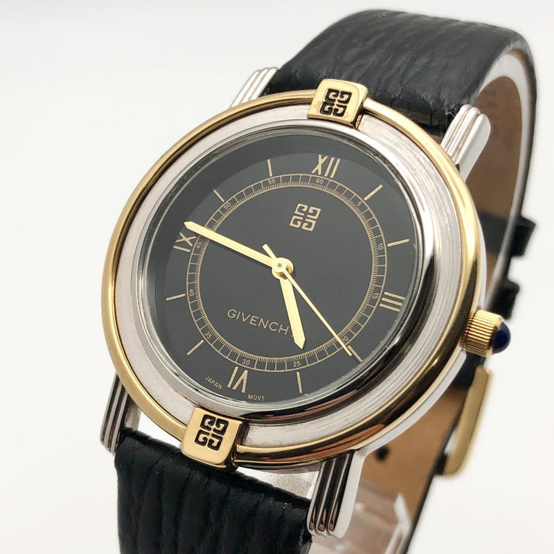 GIVENCHY Mens Analog Quartz Watch Black Dial Gold Silver Tone Case 33mm