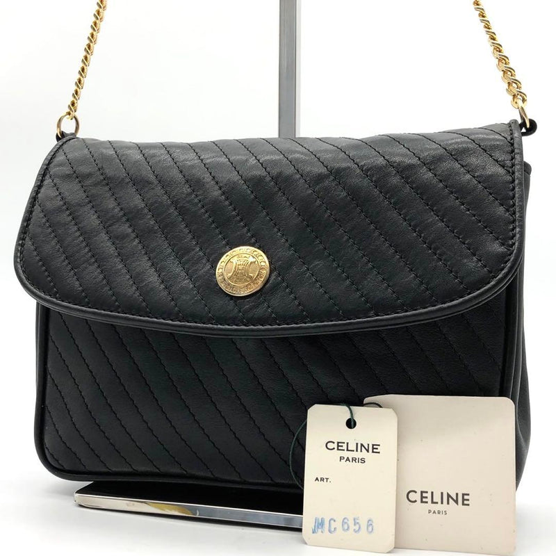 CELINE Triomphe Quilted Chain Shoulder Bag Black Leather Gold 19x15x5cm