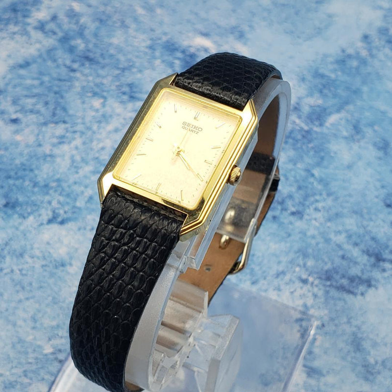 SEIKO Ladies Quartz Watch 7321-5670 Square Gold Tone Gold Dial Leather Band