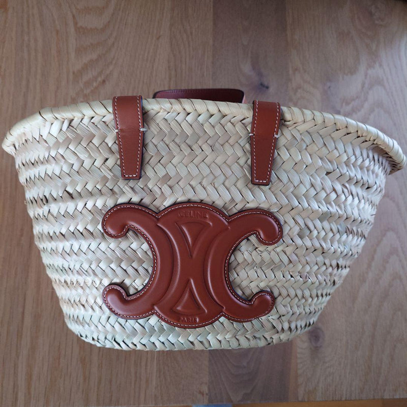 CELINE Triomphe Basket Bag Straw Leather Natural Brown Embossed Logo 38x24cm