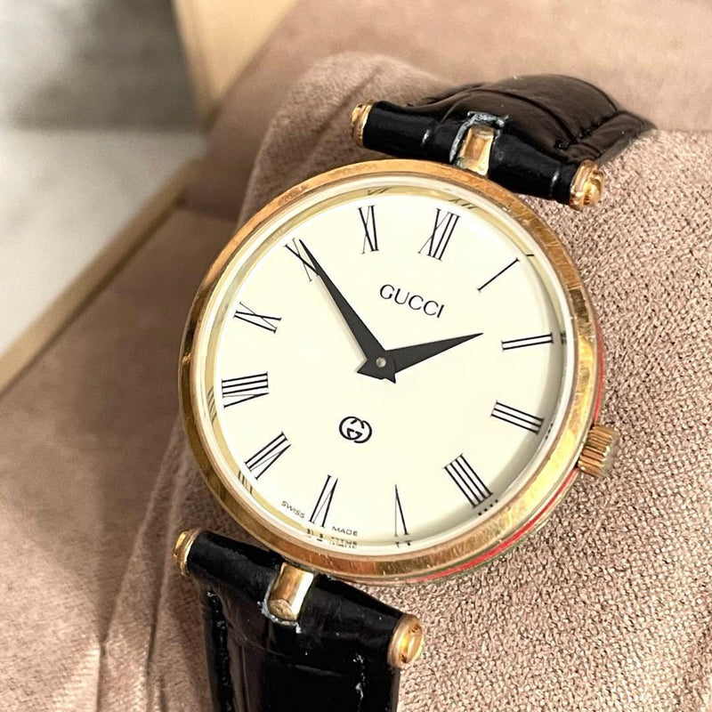 GUCCI Mens Side Sherry Line Red Stripe Quartz Watch Black Leather Original