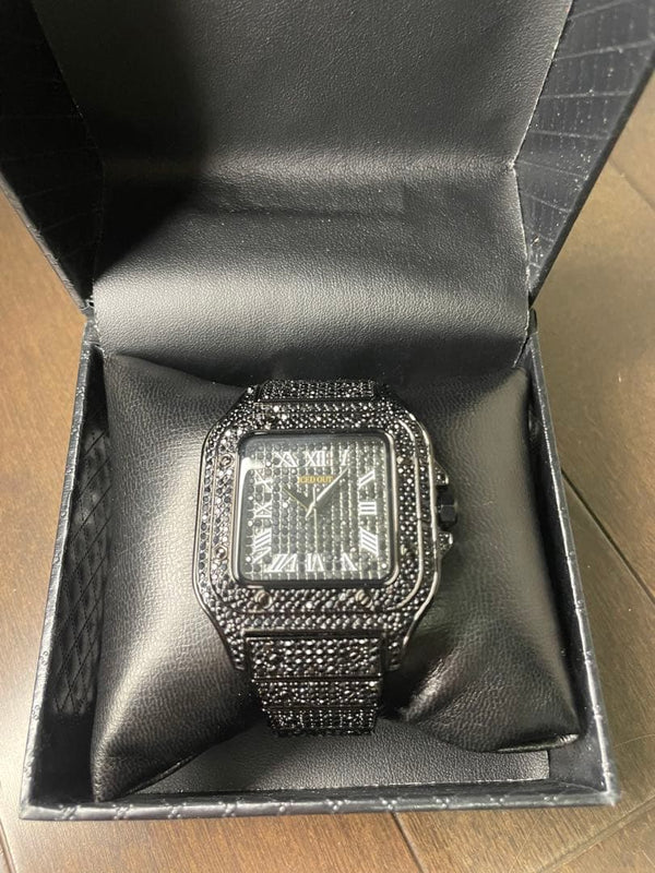 Stainless Steel VVS Simulated Black Diamond Pave Set Iced Out Watch SS Black