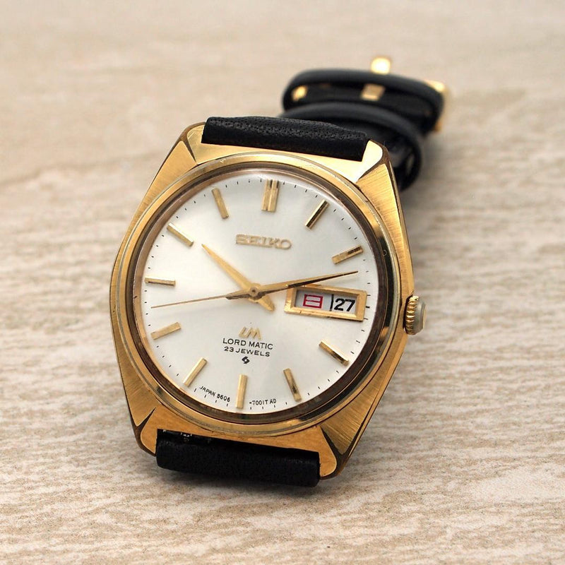 SEIKO LORD MATIC 5606-7001 Automatic Gold Plated White Dial Day-Date Tonneau