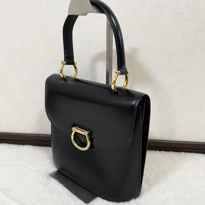 CELINE Black Leather Formal Handbag Gold Hardware Top Handle Zip 20x24x9cm